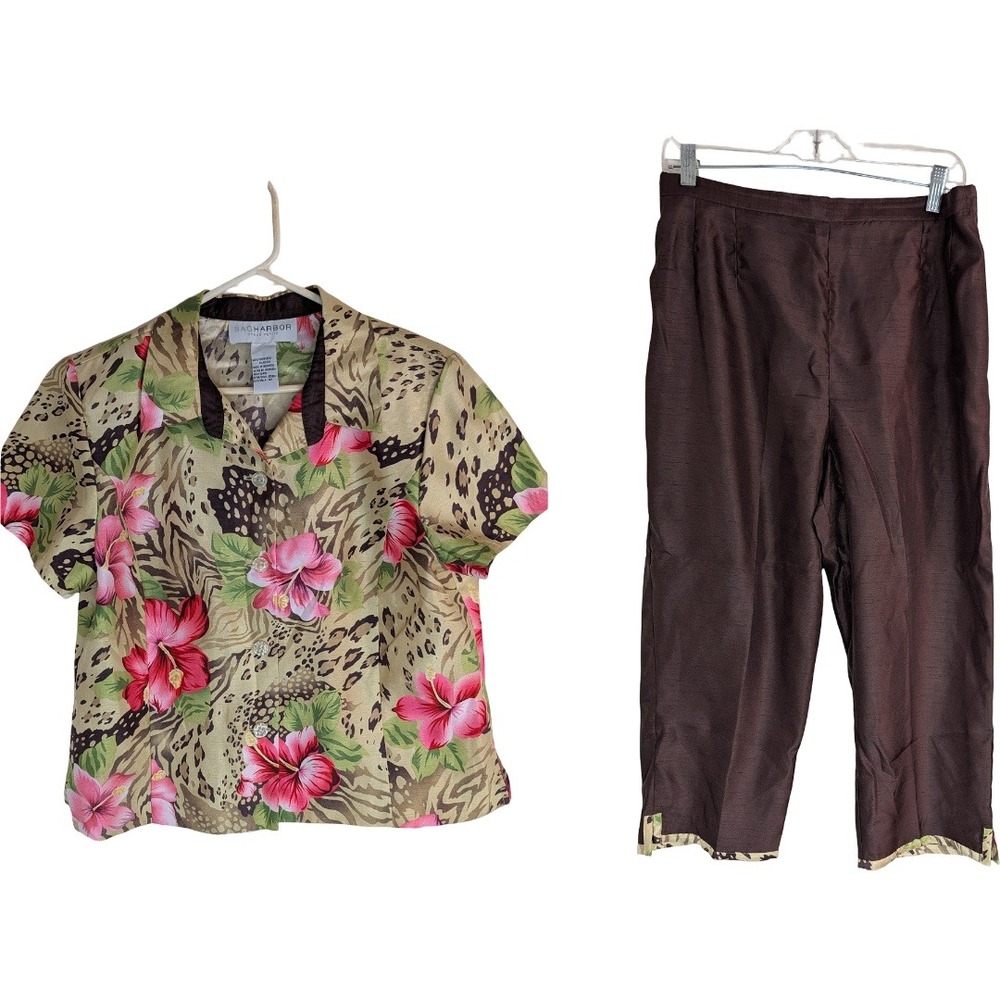 Sag Harbor Pant Set Women 16P Brown Pink Floral Cheetah Tropical Vintage 2 Piece
